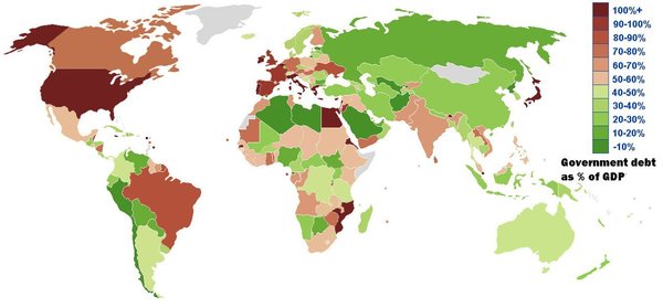 На фото Википедии можно увидеть государственный долг по странам. Шкала выражена в процентном соотношении к ВВП на состояние 2012 года.
