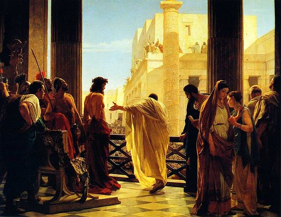 Антонио Чизери, Ecce Homo (Се, Человек!). Понтий Пилат показывает подвергшегося бичеванию Иисуса жителям Иерусалима, в правом углу изображена скорбящая жена Пилата