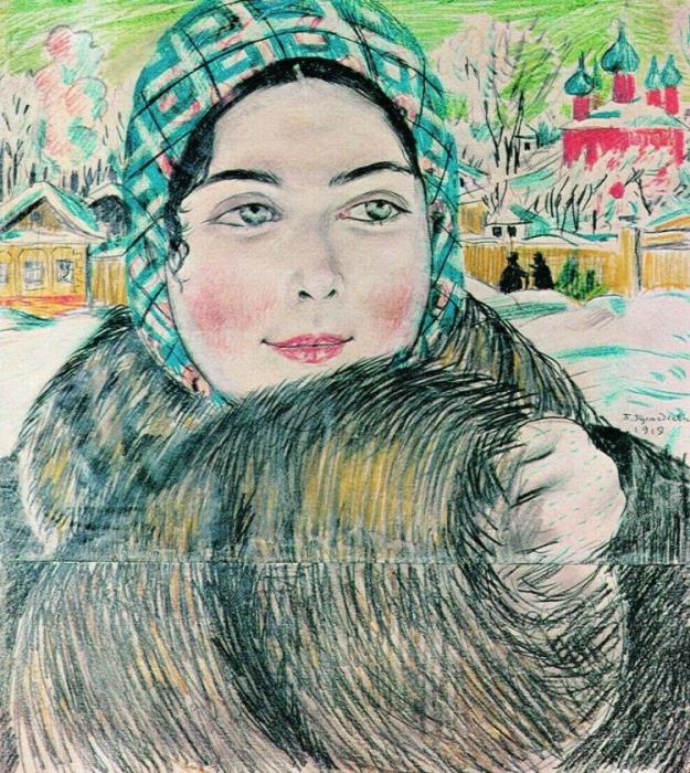 Б. Кустодиев. Молодая купчиха в клетчатом платочке, 1919 Б. Кустодиев. Молодая купчиха в клетчатом платочке, 1919