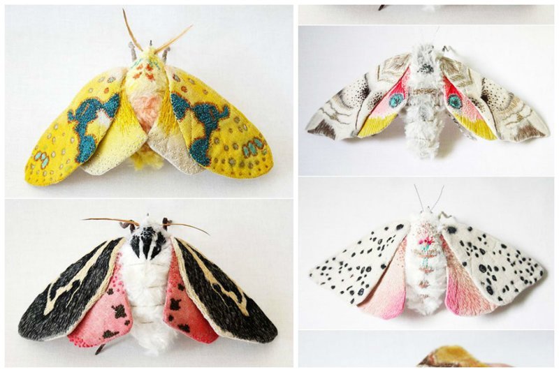 Окита Юми (Okita Yumi) живет в Северной Каролине, США. Она создает бабочек и других насекомых из текстиля. Раскрашивает их вручную, украшает мехом и вышивкой бабочки, искусство, красота, рукоделие, талант