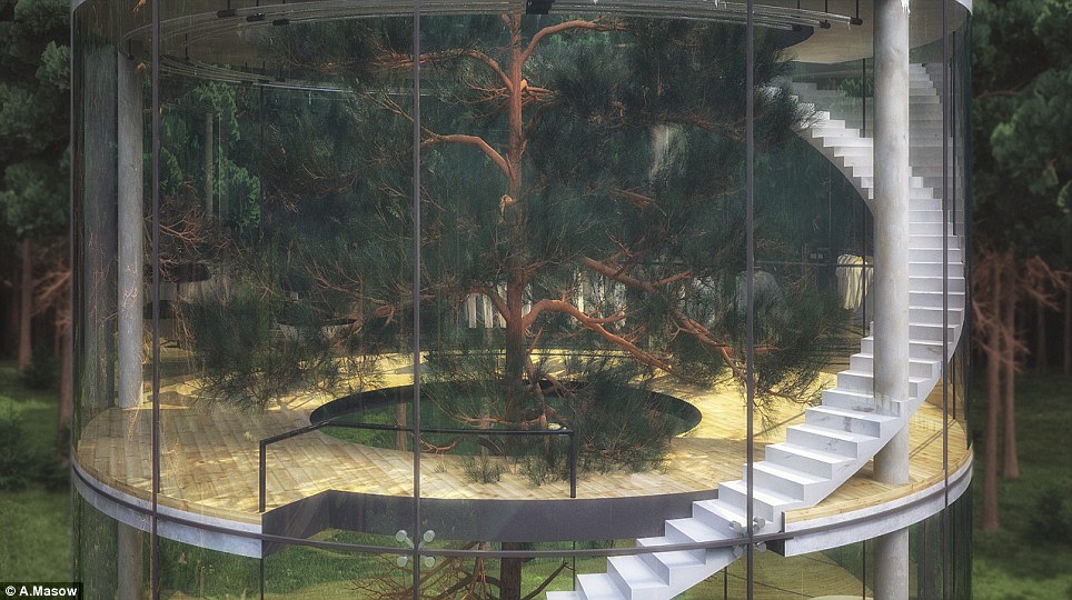 Соединение: винтовая лестница, пролеты дерево дом в трех уровнях, сохраняя те, что внутри, в контакте с лесом на все времена