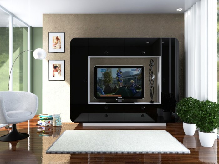 Классическая современная модульная система тёмного цвета в стиле минимализм в зоне для просмотра телевизора.