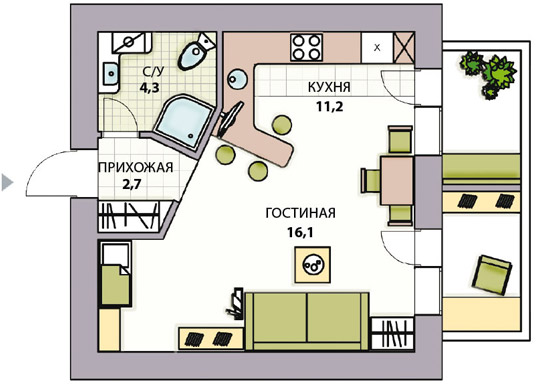 Перепланировка 1 комнатной квартиры на лоджии кухня..