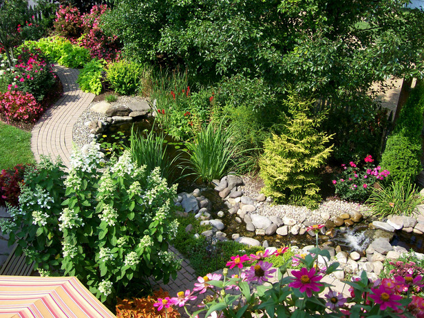 Wide view of a colorful garden, stream, pond, trees, plants, and walkway. This beautiful garden is featured on Rate My Space.