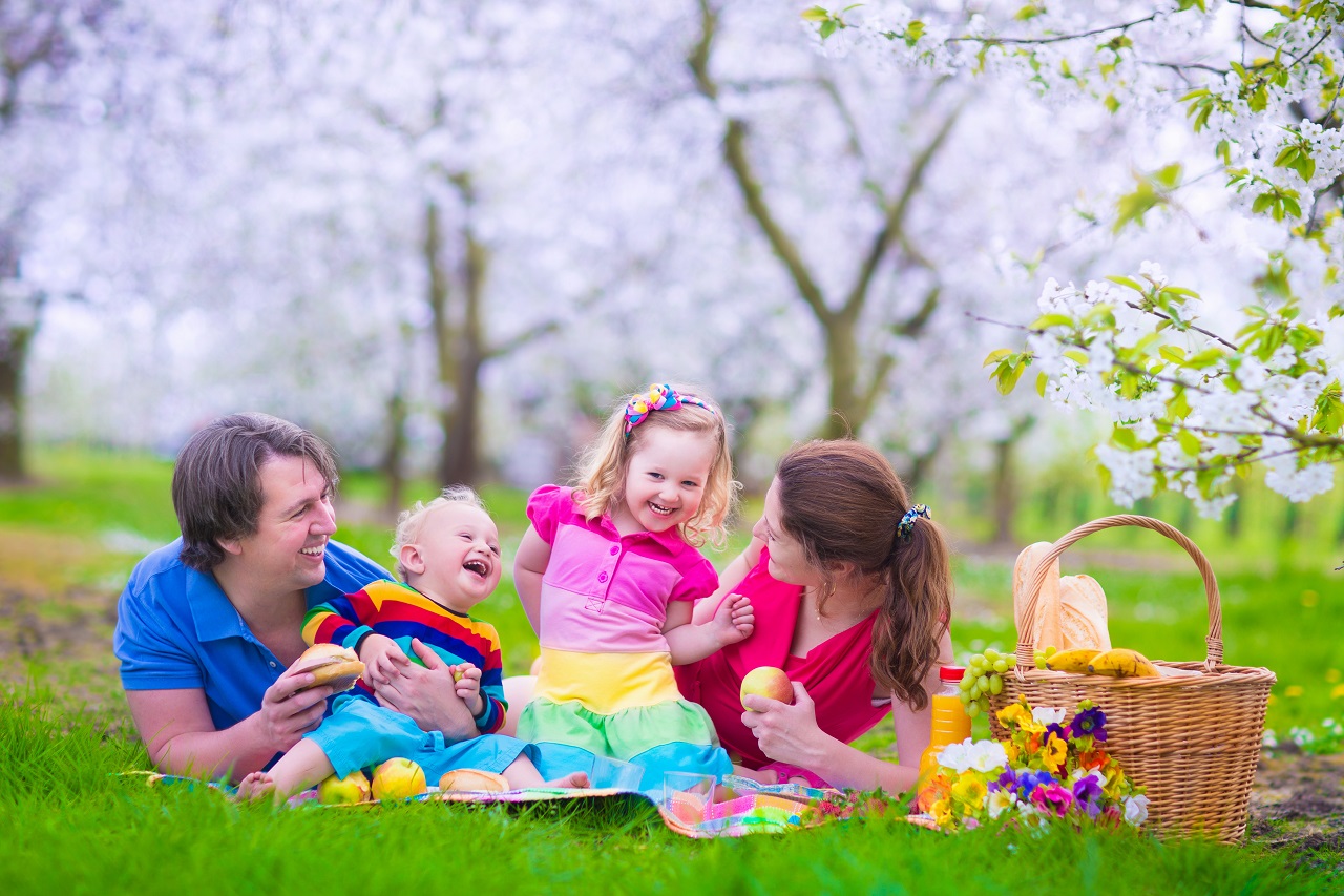 Young family with kids having picnic outdoors. Parents with two children relax in a blooming summer garden. Mother, father, little girl and baby boy eat sandwich and fruit, drink juice for healthy lunch in a park.