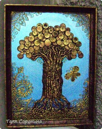 Картина панно рисунок Ассамбляж Дерево жизни дерево счастья Бумага Монета Пряжа