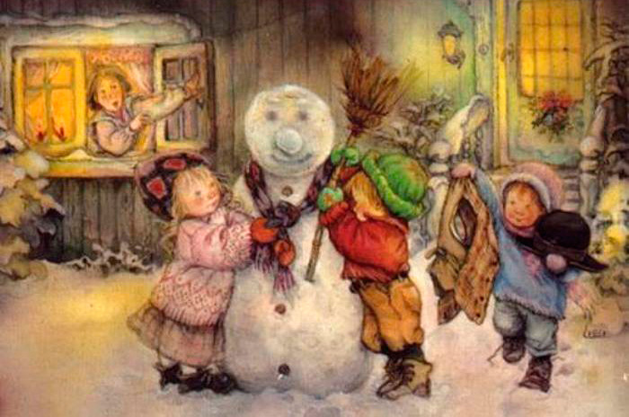 дети лепят снеговика