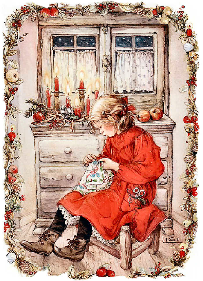 девочка с рукоделием у комода