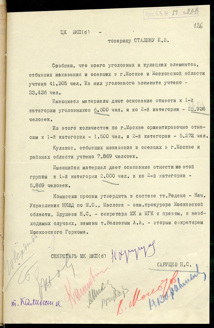 Хрущев просит добро у Сталина на расстрел 8500 человек и высылку в лагеря 30 000 из Москвы и Московской области Хрущев просит добро у Сталина на расстрел 8500 человек и высылку в лагеря 30 000 из Москвы и Московской области