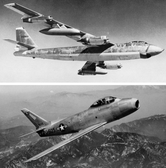 Бомбардировщик В-47 и истребитель F-86. /Фото: chrontime.com Бомбардировщик В-47 и истребитель F-86. /Фото: chrontime.com