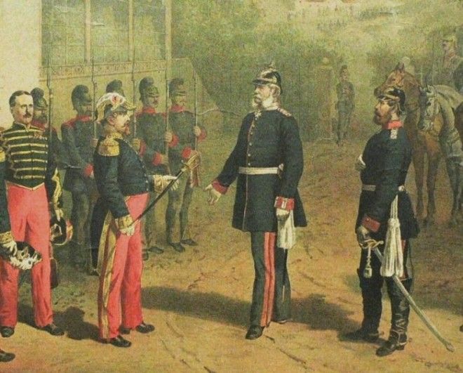 Французский император Наполеон III сдаётся в плен Бисмарку после битвы при Седане 1870 год Фото ruwikipediaorg