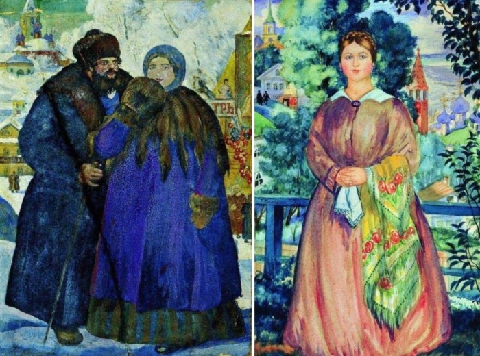 Б. Кустодиев. Слева – *Купец с купчихой*, 1914. Справа – *Купчиха*, 1919 Б. Кустодиев. Слева – *Купец с купчихой*, 1914. Справа – *Купчиха*, 1919