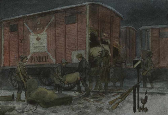 Ночное разграбление вагона с помощью от Красного креста (1922). Автор: Иван Владимиров. Ночное разграбление вагона с помощью от Красного креста (1922). Автор: Иван Владимиров.