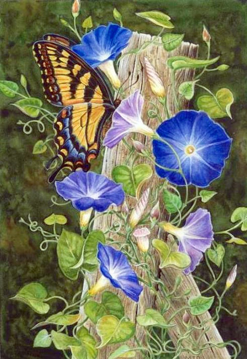 Витражная роспись по мотивам  картины под названием  Swallowtail in Glory американского художника Martinа Ryanа.