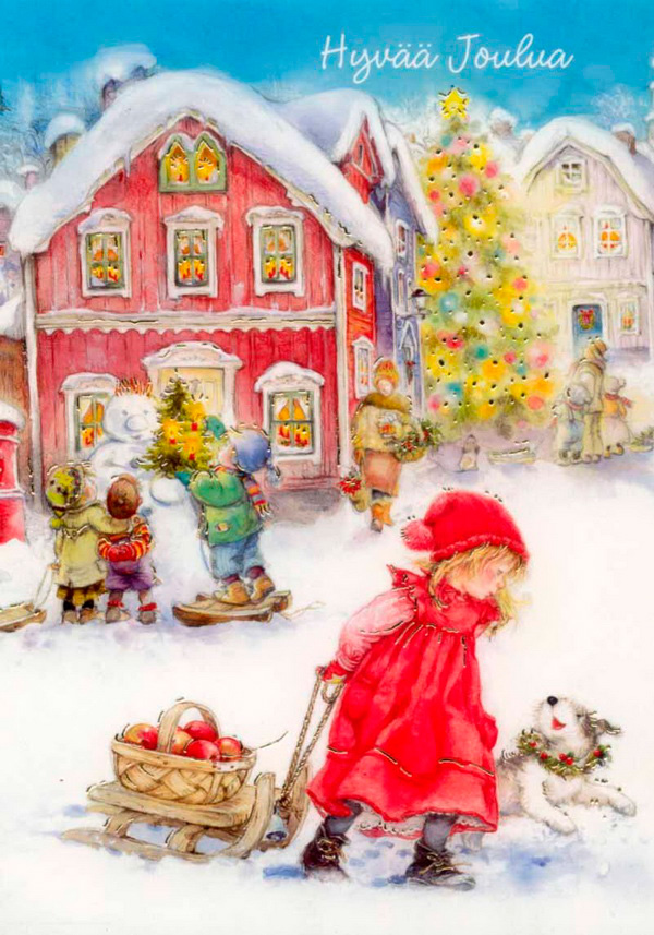 девочка везущая яблоки на салазках