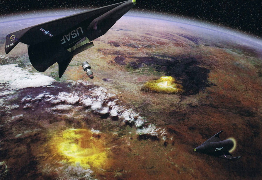 Ядерный удар с орбиты: один космоплан «Dyna-Soar» бомбардирует наземные цели, второй наблюдает за результатом бомбардировки. Иллюстрация из книги «Defending Space. US Anti-Satellite Warfare and Space Weaponry» (2006) - Космический «Динозавр» | Warspot.ru