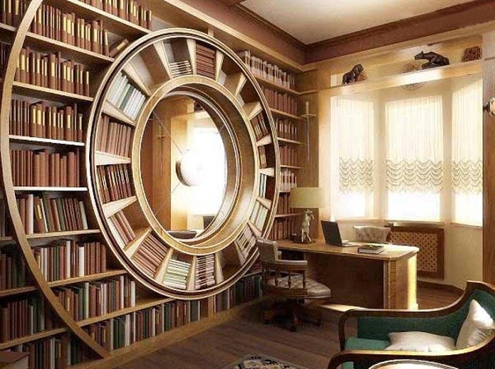 Оригинальный книжный шкаф с круглой полкой посередине. Оригинальный книжный шкаф с круглой полкой посередине.