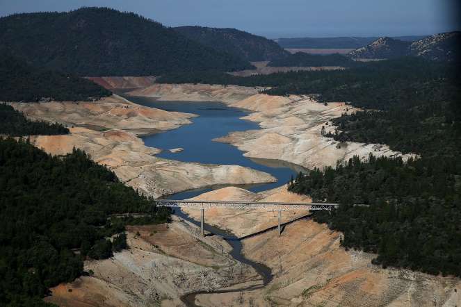 A section of Lake Oroville is seen nearly dry on August 19, 2014.