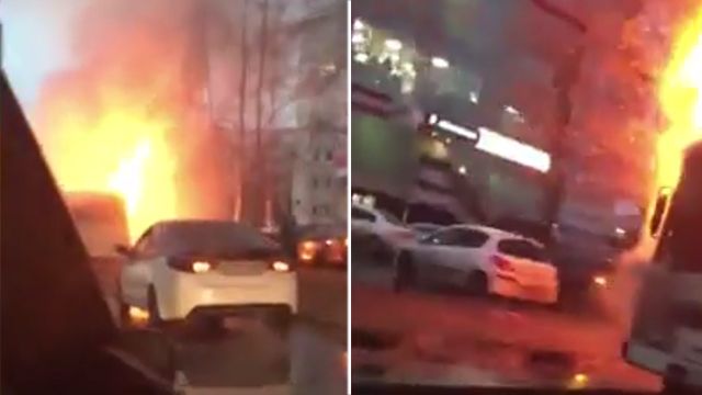 Очевидцы засняли на видео охваченный огнем автобус в Сургуте