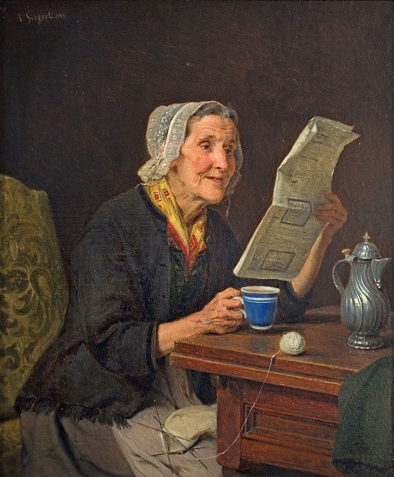 August_Friedrich_Siegert_–_Alte_Frau_mit_Zeitung_und_Kaffeetasse_1883.jpg August_Friedrich_Siegert_–_Alte_Frau_mit_Zeitung_und_Kaffeetasse_1883.jpg