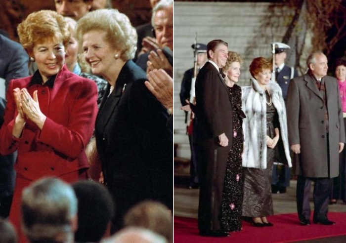 Слева – Раиса Горбачева и Маргарет Тэтчер, 1989. Справа – Чета Горбачевых во время визита в США, 1987 | Фото: materiality.info Уроки стиля от Раисы Горбачевой, или Почему советские женщины недолюбливали первую леди СССР