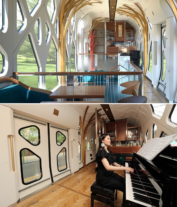 Помимо ресторана в поезде есть свой пиано-бар (Train Suite Shiki-shima). | Фото: bigpicture.ru. Как выглядит дорогущий поезд в Японии, поездка на котором оправдывает каждый потраченный доллар