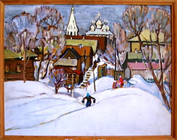 "Старые Чебоксары", II-я половина XX в, картон, воск, масло. 50 х 64, ЧГХМ