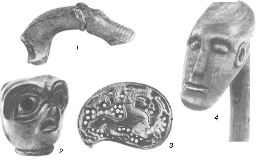 Резные изделия: 1 — рукоятка ковша; 2, 4 — навершия посохов; 3 — накладная пластина (1, 2, 3 — кость)