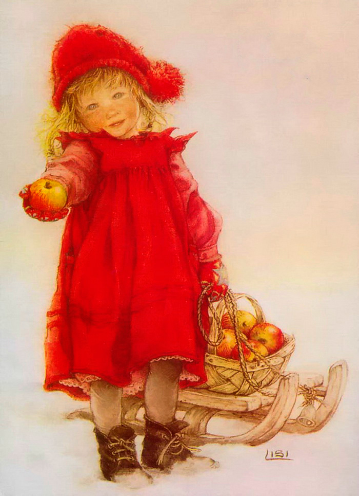 девочка несущая корзину красных яблок