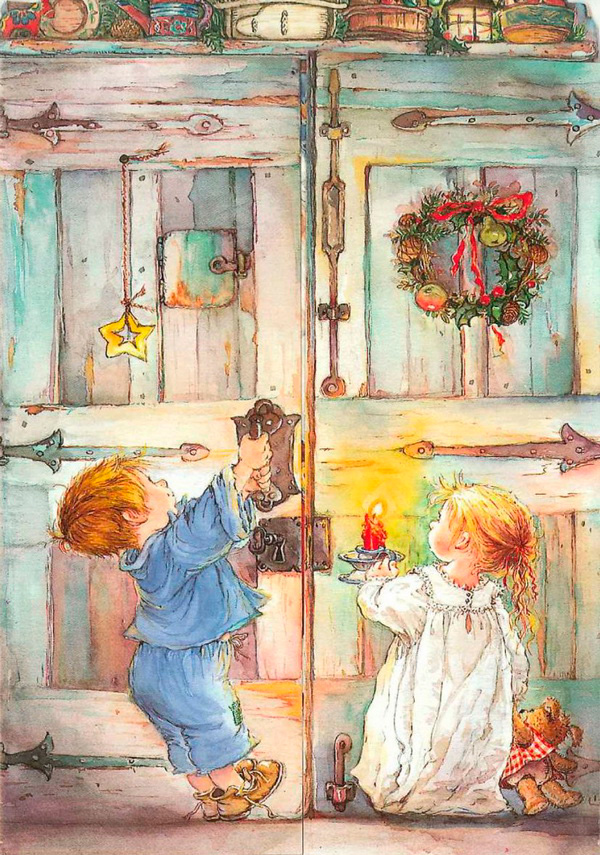 дети несут свечку к дверям кладовой