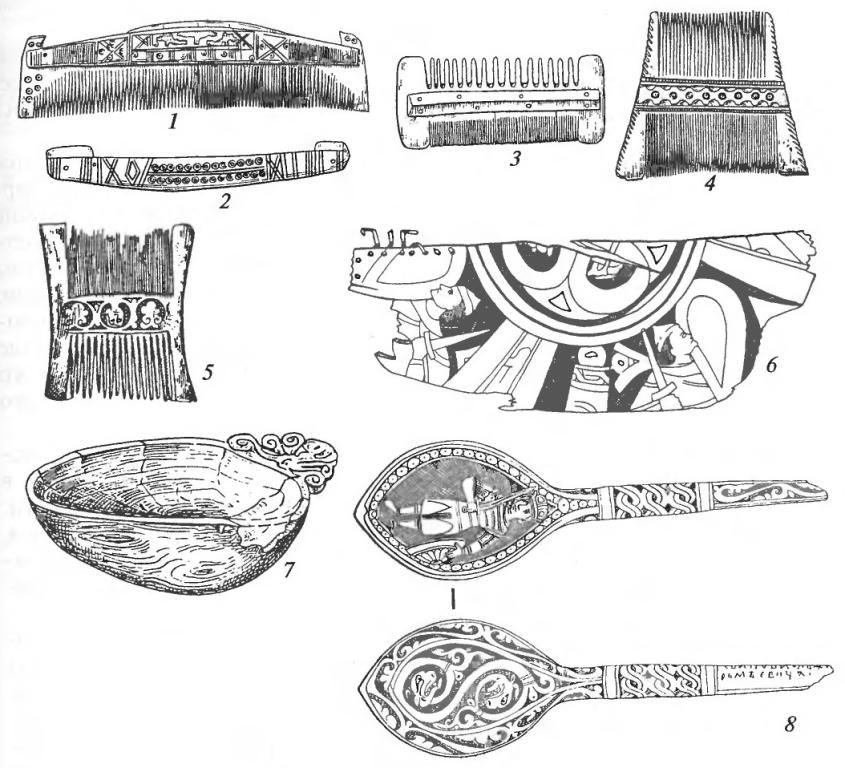 Изделия из дерева и кости: 1 — расческа; 2 — футляр для расчески; 3, 4, 5 — гребни: 6 — обломок расписного блюда; 7 — чаша; 8 — ложка (1-5— кость; 6-8 — дерево) 