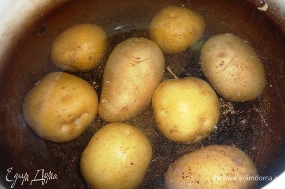 Картофель вымыть, не очищая, положить в горячую воду. Довести до кипения, посолить, убавить огонь и варить до готовности. Слить с картофеля воду, остудить. Картофель вымыть, не очищая, положить в горячую воду. Довести до кипения, посолить, убавить огонь и варить до готовности. Слить с картофеля воду, остудить.