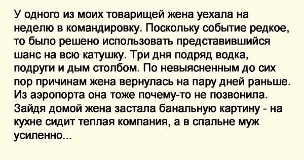 Гениальная отмазка для жены, внезано вернувшейся из командировки...