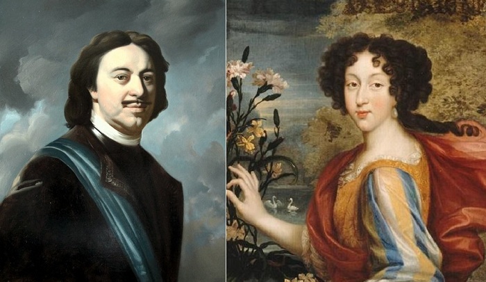 Слева: российский император Петр I, справа: испанская королева Мария Луиза Орлеанская.