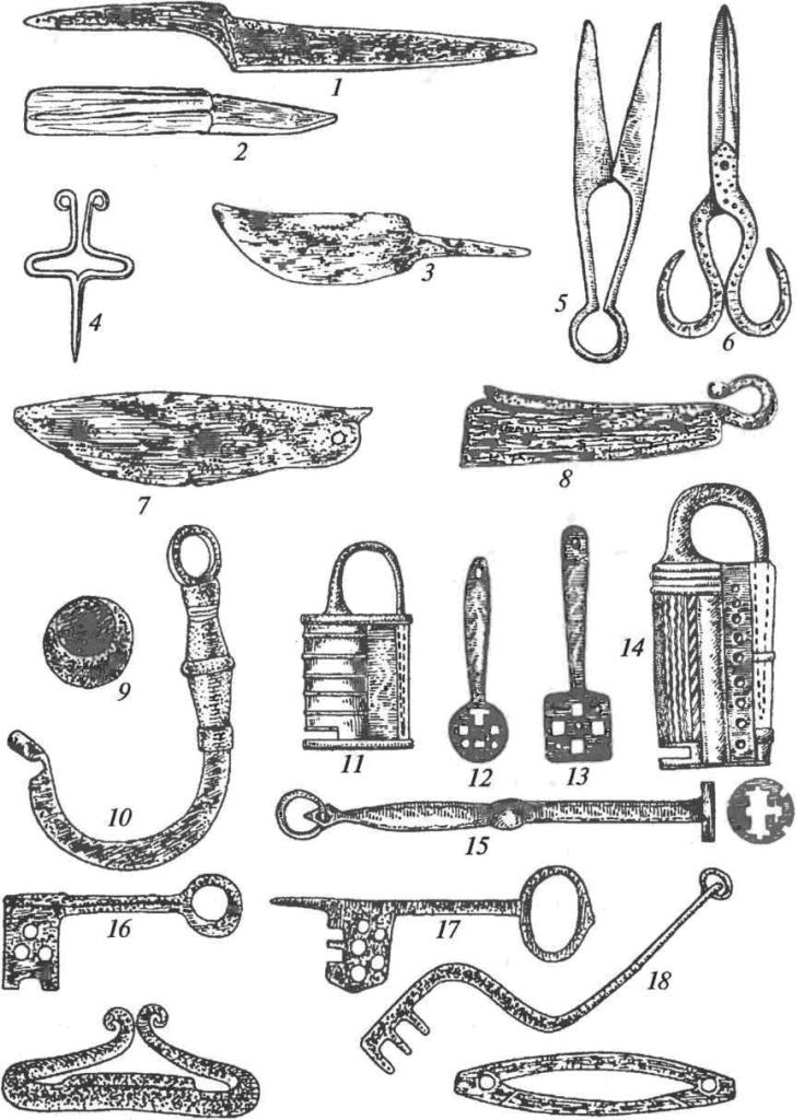 Бытовые кузнечные изделия: 1 — многослойный нож; 2 — нож для деревообработки; 3 — сапожный нож; 4 — светец (лучинодержа- тель); 5 — пружинные ножницы; 6 — шарнирные ножницы; 7, 8 — бритвы; 9 — весовая гирька; 10 — крюк безмена; 11, 14 — навесные замки; 12, 13, 15 — ключи к навесным замкам; 16, 17 — ключи к нутряным замкам; 18 — ключ к замку с деревянным запором; 19, 20 — кресала
