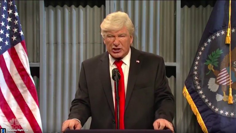 Alec Baldwin's president took aim at everything from Puerto Rico and Rex Tillerson to Eminem, but Hollywood's biggest story didn't get a mention.