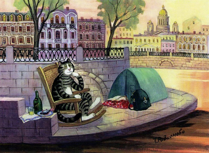 Пикник на берегу Невы. Забавные коты гулёны и дебоширы на городских пейзажах художницы из Петербурга