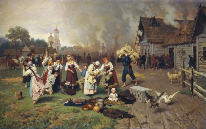 Художник Николай Дмитриев-Оренбургский. Пожар в деревне./Фото: territaland.ru Как «дойти до ручки» и у кого «семь пятниц на неделе»: Занимательные факты об известных фразеологизмах