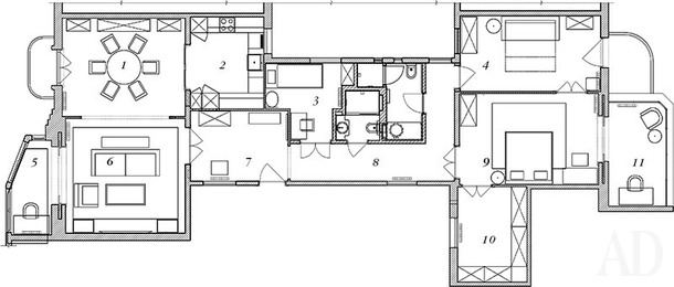 На плане: 1. Столовая. 2. Кухня. 3, 4. Гостевые комнаты. 5. Балкон. 6. Гостиная. 7. Прихожая. 8. Коридор. 9. Главная спальня. 10. Гардероб. 11. Лоджия.