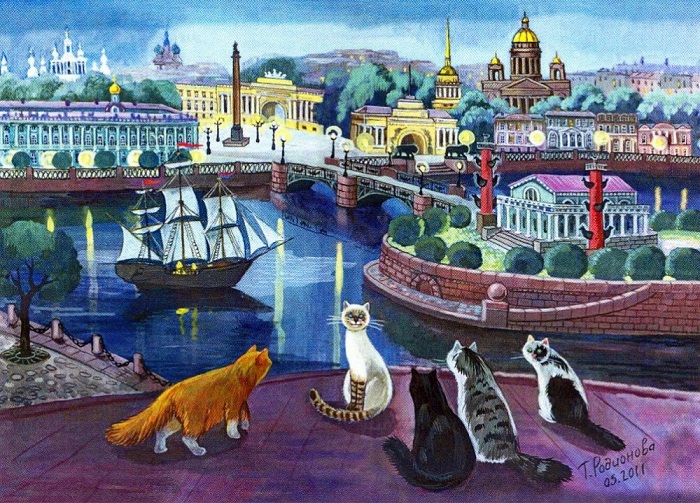 Белые ночи. Забавные коты гулёны и дебоширы на городских пейзажах художницы из Петербурга