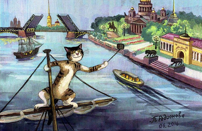 Сэлфи. Забавные коты гулёны и дебоширы на городских пейзажах художницы из Петербурга