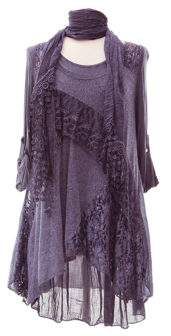 Ladies Womens Italian Lagenlook Quirky Layering 3 Piece Sequin Lace Knit Mohair Long Sleeves Scarf Tunic Top Dress One Size Plus (UK 10-20) (One Size Plus, Purple): 