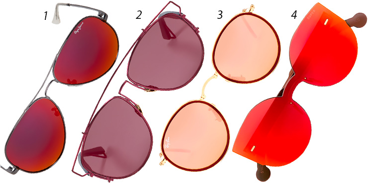 1 - Pepe Jeans, 2 790 рублей в «Линзмастере»; 2 - Dior, 34 550 рублей в ЦУМе; 3 - Ray-Ban, 17 050 рублей в ЦУМе; 4 - Retrosuperfuture, 17 380 рублей на Farfetch