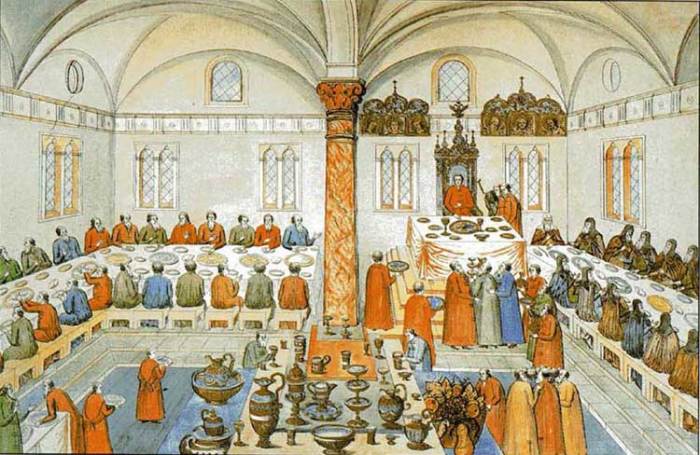 Царский пир в Грановитой палате Московского Кремля. Миниатюра. 1673 г. Царский пир в Грановитой палате Московского Кремля. Миниатюра. 1673 г.