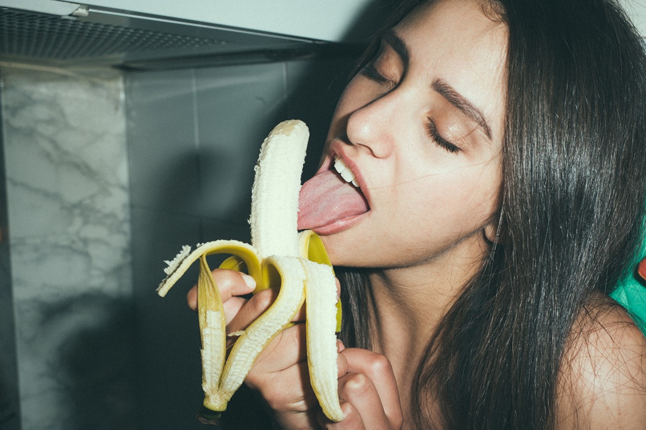 Girl tits eats food pic