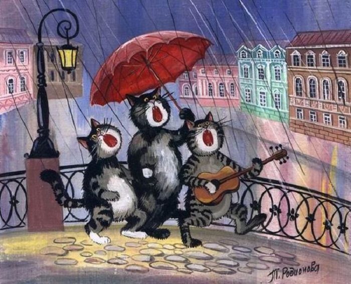 Песни на мосту. Забавные коты гулёны и дебоширы на городских пейзажах художницы из Петербурга