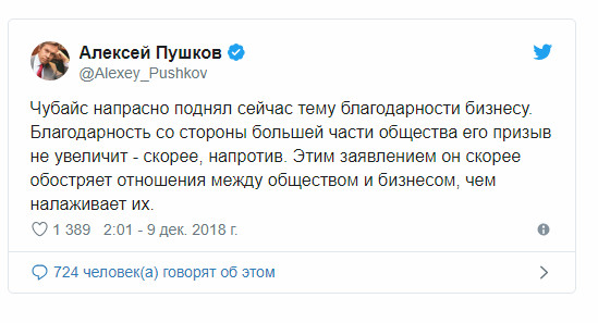 Пушков ответил на заявление Чубайса о неблагодарности россиян к олигархам