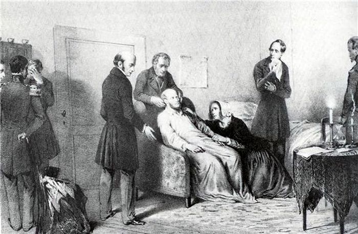 Анна Павловна у постели умирающего мужа. Гравюра середины 19 в. / Фото: www.blogspot.ru Анна Павловна у постели умирающего мужа. Гравюра середины 19 в. / Фото: www.blogspot.ru