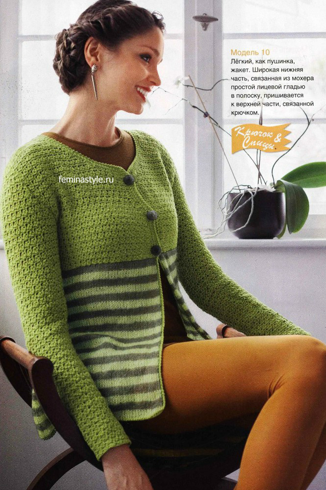 Зеленый жакет спицами и крючком