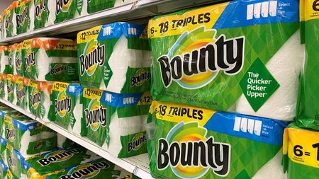 Bounty paper towels made by Procter and Gamble are shown for sale in Encinitas, California, U.S., April 19, 2021. REUTERS/Mike Blake Bounty paper towels made by Procter and Gamble are shown for sale in Encinitas, California, U.S., April 19, 2021. REUTERS/Mike Blake